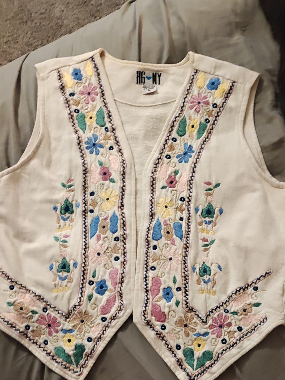 Vintage Embroidered Floral Ivory Vest - 100% Cotton